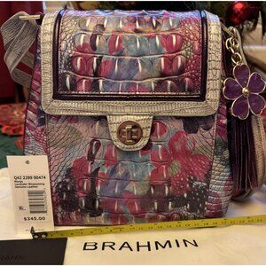 Brahmin Margo Lavender Blossoming Leather Shoulder Bag With Floral Design Multi-